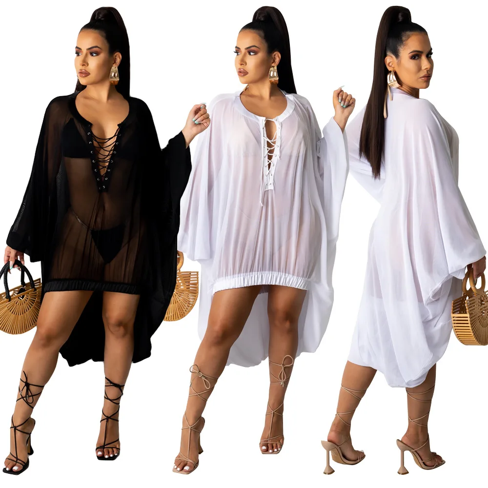 

Knitting Black White Wrap Cover Up Top Casual Beach Wear One Piece Dress See Through Sexy Mesh Cover Ups For Women