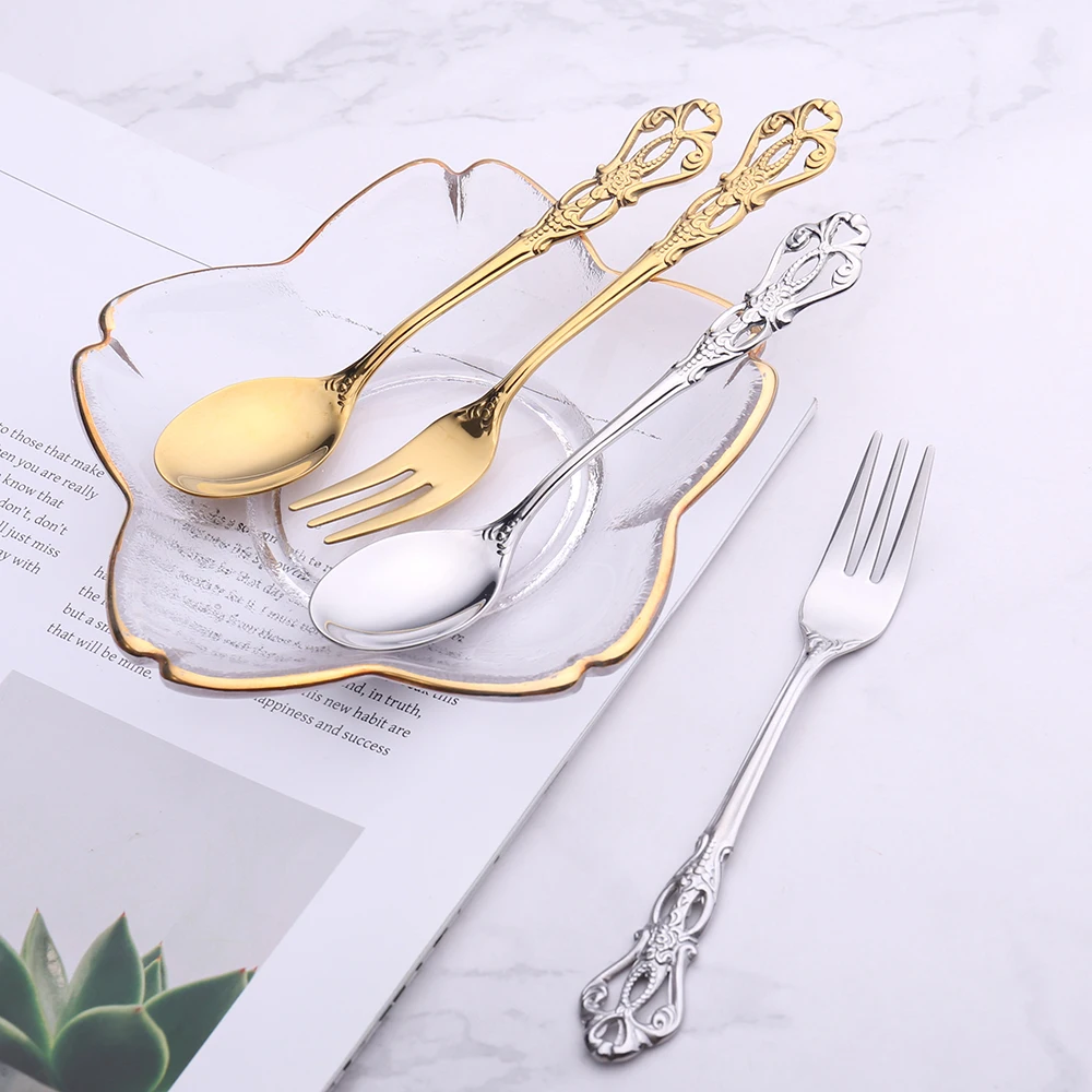 

Lovely style Hollow Royal spoon metal stainless steel dessert yogurt tea coffee spoons fruit fork, Silver/gold/black