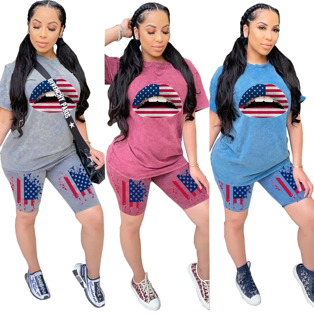 

2021 independence day lip print casual two piece set Short sleeve Sports women clothes plus size 2 piece set women clothing