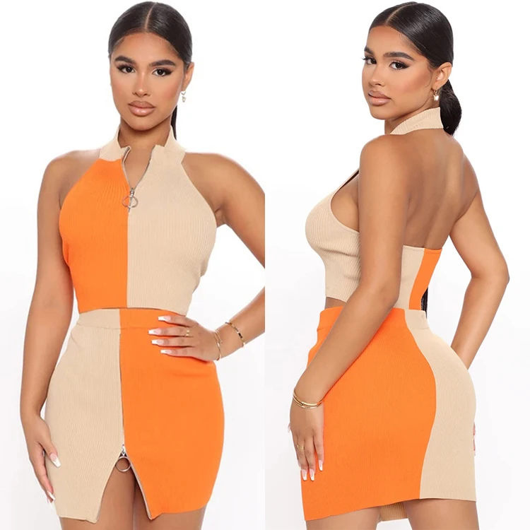 

High Quality Sleeveless Zipper Skinny Women Crop Top Contrast Color Ribbed High Waisted Sexy Women Skirt Set