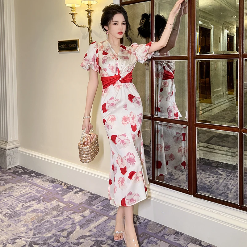 

ZYHT 30073 French Romantic Slim Fit V-neck All-over Floral Prints Puff Sleeve Midi Dress Unique Design Stretch Long Dresses