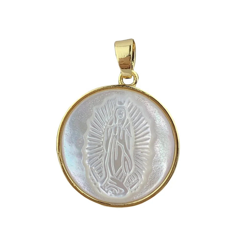 

Natural Mother of Pearl Shell Religious Round Medal Guadalupe Pendants Charms For Necklace Jewelry Making, White