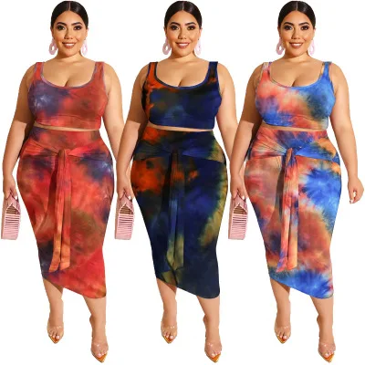 

21-color summer new style tie-dye printing tight-fitting hip bag fashion casual plus size women's two-piece suit, 21 colors