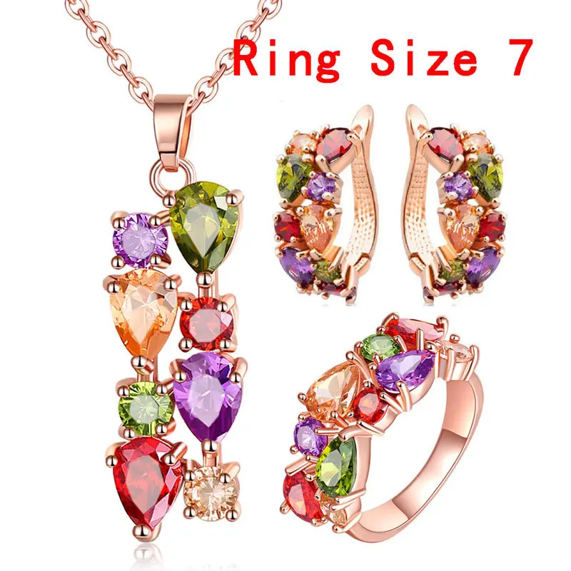 

3 pcs/set rose gold plated bridal jewelry colorful shiny zircon hypoallergenic necklace earring ring set for women