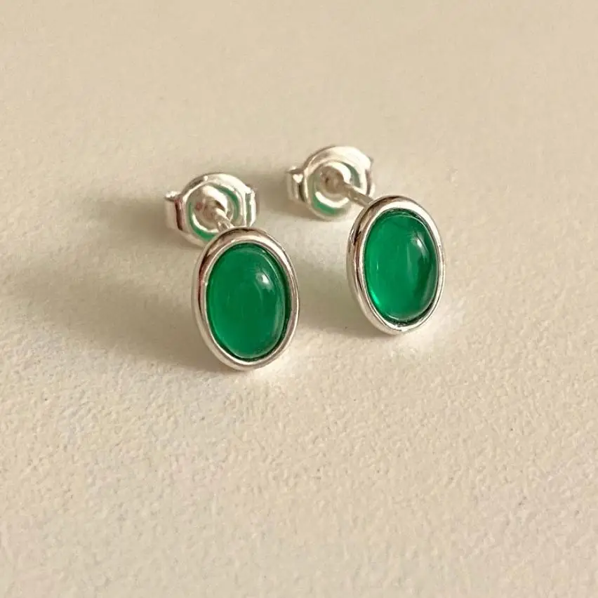 

VIANRLA tiny oval silver plated natural stone stud earring vintage green s925 stud earrings