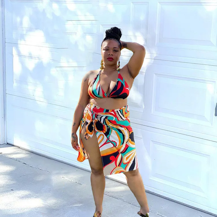 

2021 Plus Size Printed Three Piece Bikini Set Ocean Beach Bikini Sexy Halter Backless Sleeveless Swimsuit, Red