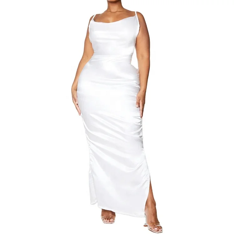 Elegant White Satin Cowl Neck Spaghetti Strap Hem Slit Ruched Women Plus  Size Maxi Dress