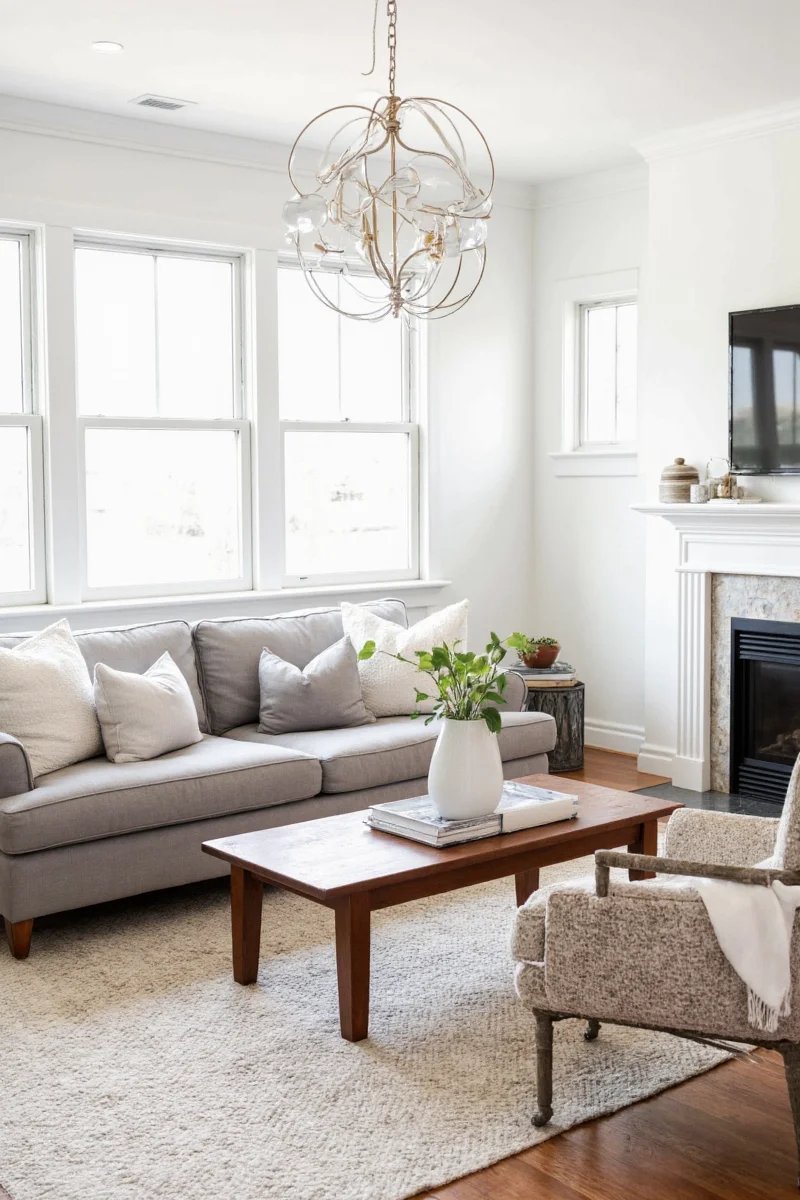 Wooden side table next to sofa
