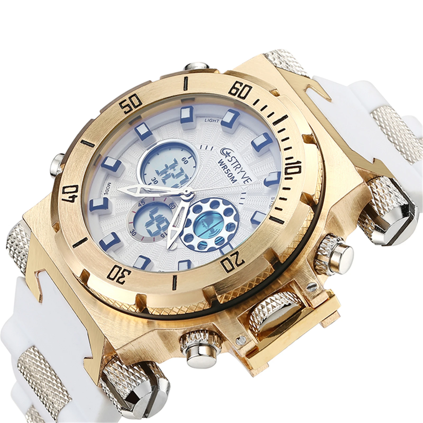 

Big Head Dual Time Analog Led Clock Waterproof Sports Quartz Digital Men Wrist Watches Stryve 8015 Top Luxury Watches Military