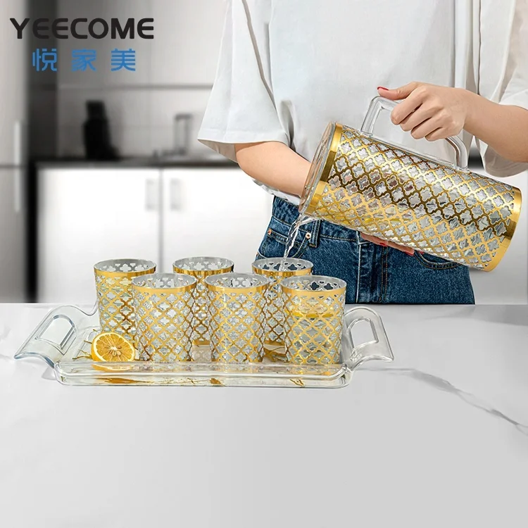 

Transparent PS Plastic Water Jug Yeecome Brand 2.5L Drinking Pitcher Golden Pattern Luxurious Water Jug With 6 Cup And Tray