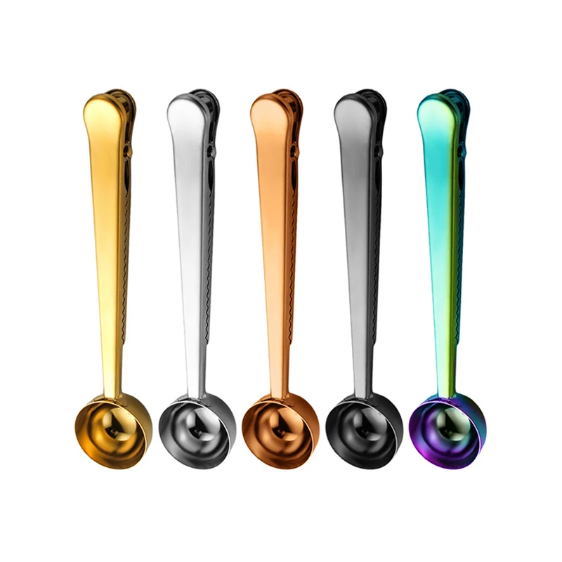 

Wholesale Stainless steel Gold Coffee Spoon with Bag Clip 2 in 1, Silver/gold/rose gold/black/rainbow