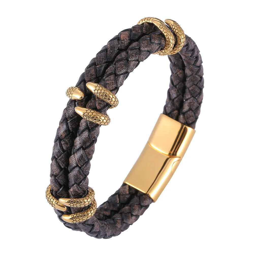 

Men's Genuine Leather Woven Wristband Bracelet 18k Gold Plated Paw Design 5 Colors for Wedding or Gift Giving