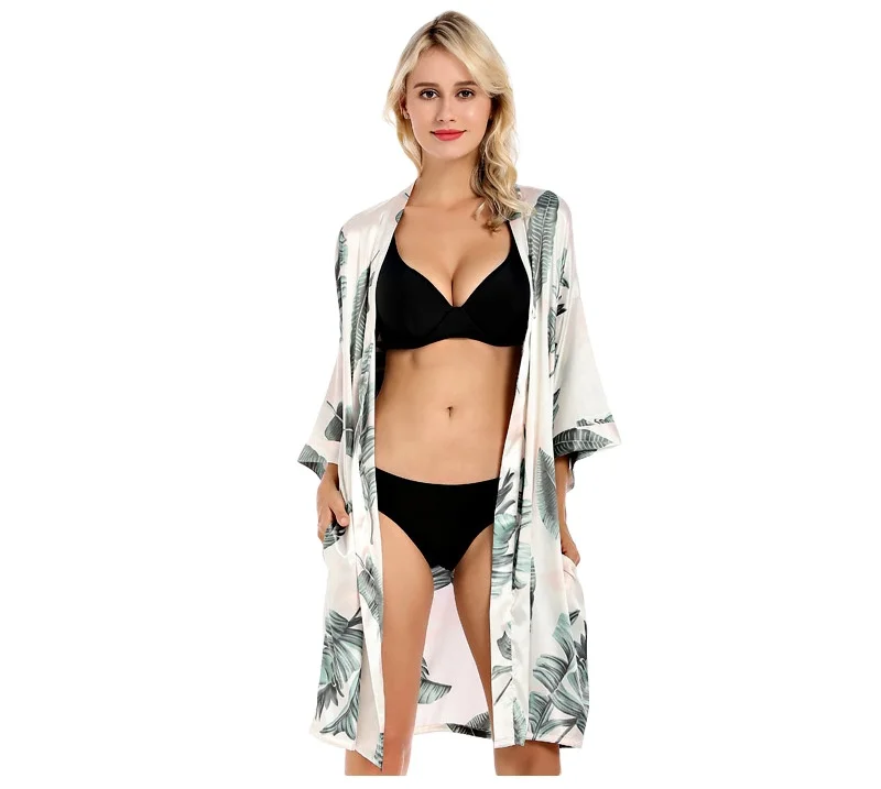 

Plus Size Women's Bridesmaid Satin Kimono Bathrobe Tropical Palm Leaf Robes