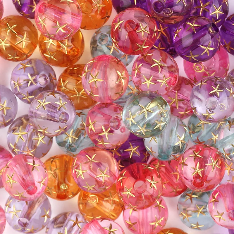 NCCB 100pcs/bag Acrylic Star Gilding Printing Ball Spacer Clear Colorful Crystal Round Beads For DIY Craft Accessories