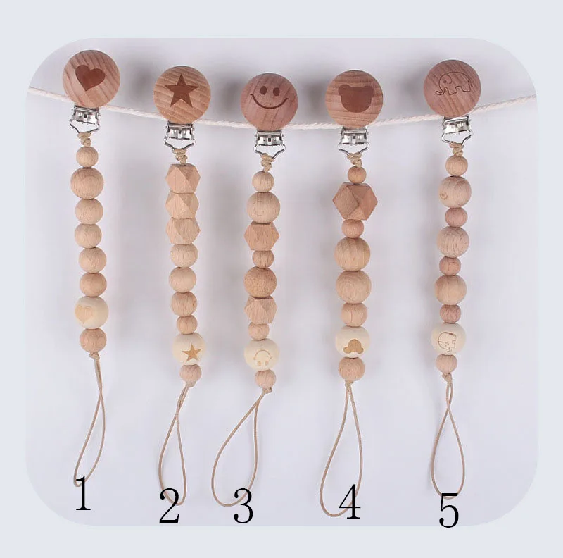 

Infant Nursing Beech Wood Beads Cartoon Pattern Teething Sensory Pacifier Chain Clip