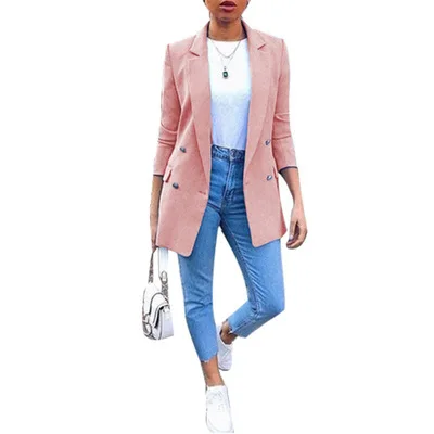 

2020 8colors Women Autumn Fashion Office Lady Solid Color Blazer Long Sleeve Suit Jacket Button Casual Suit Coats Big Size 5XL, Blue