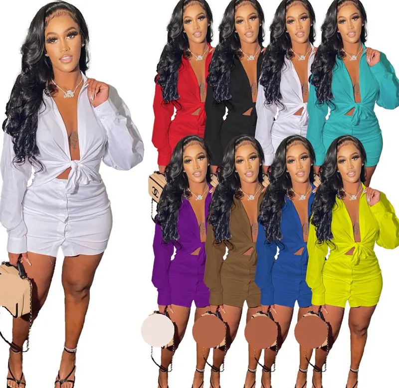 

Y108094 Slim 2 Piece Skirt Sets Lace Up V Neck Blouse And Skinny Button Mini Skirt Set Womens Sexy Club Casual Short Skirt Set, Picture
