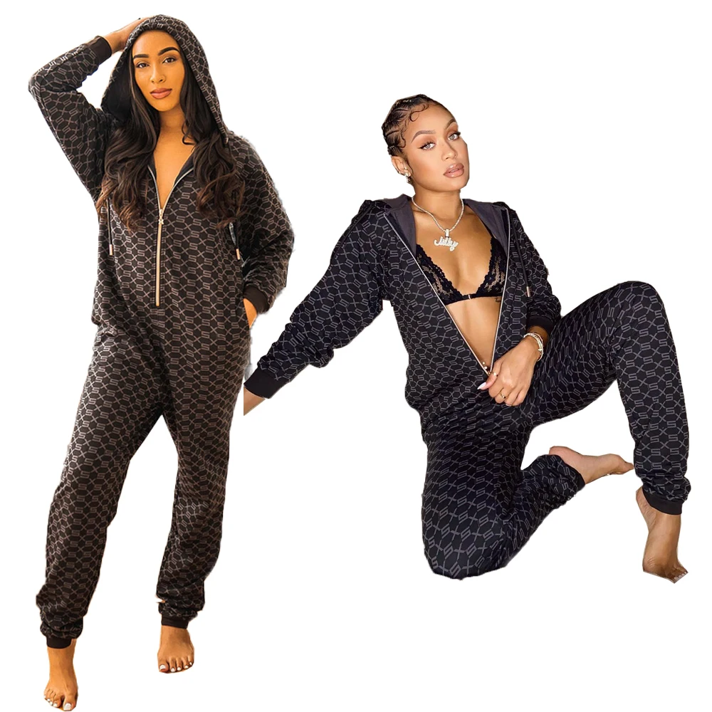 

Wholesales Fashion Casual Printed Hooded Zipper Home Jumpsuit