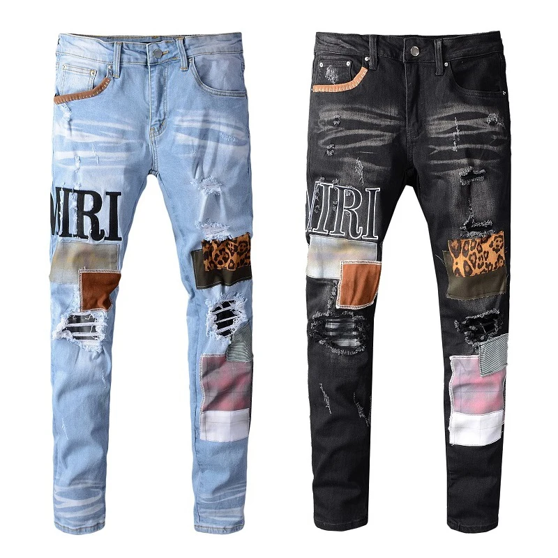 

Hot Selling Denim Jeans Leopard Patch Slim Plus Size Pants Men's Amirys Jeans, Picture