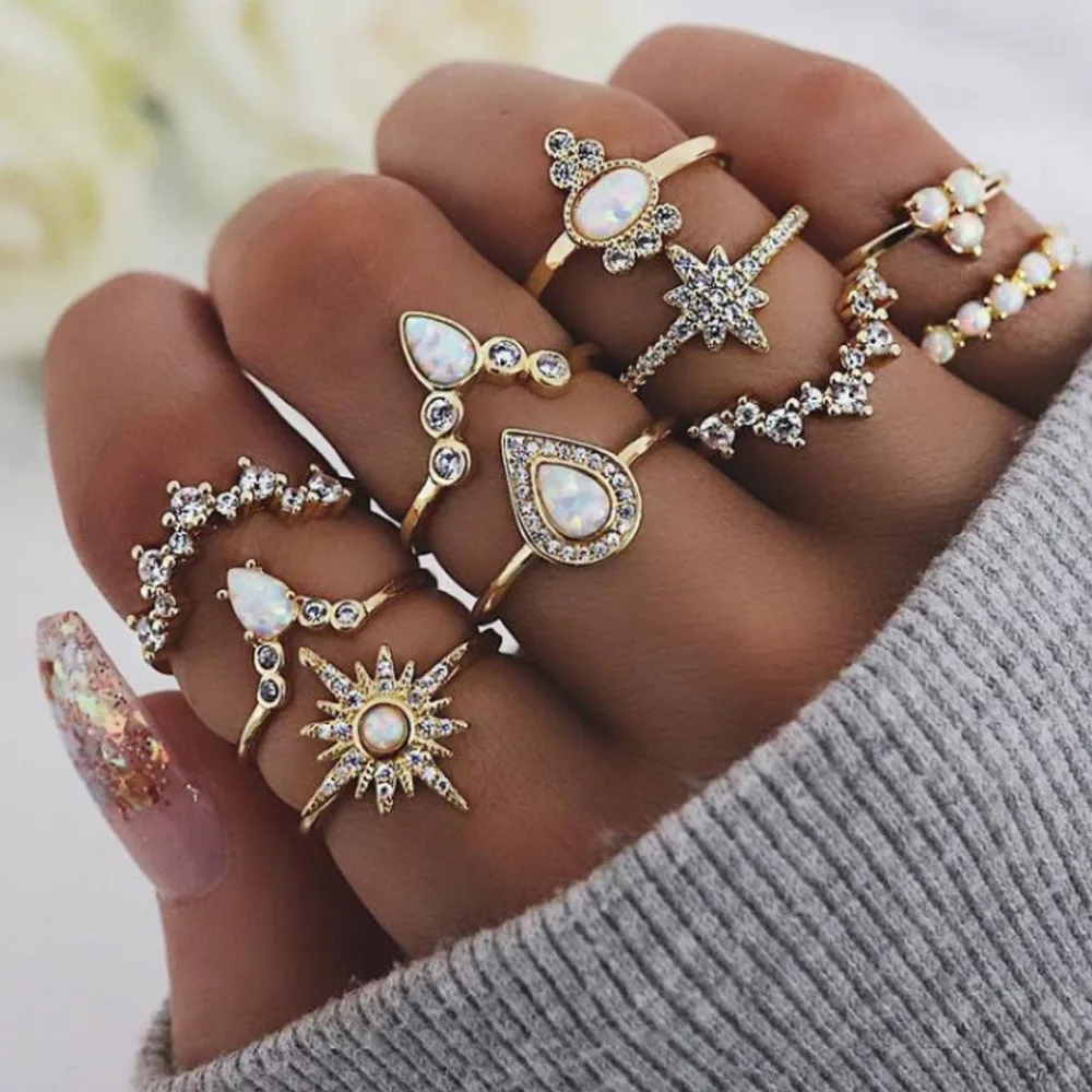 

10 pcs/set Gold color Retro simple Knuckle Rings For Women Vintage Geometric Letter Sun Crystal Ring Set Party Bohemian Jewelry