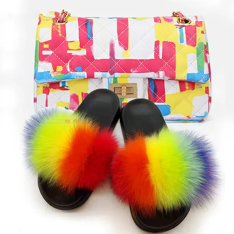 

Indoor Party Use Fluffy Real Raccoon Fur Sandals and Graffiti Purse Set for Women