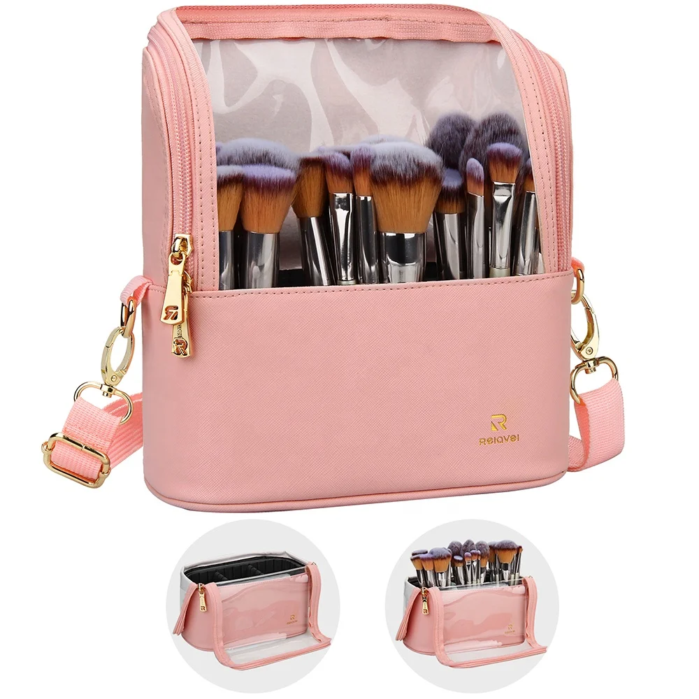 

Relavel Professional Detachable Shoulder Strap Adjustable Divider Travel Makeup Brush Holder Waterproof Stand-up cosmetic bag, Pink