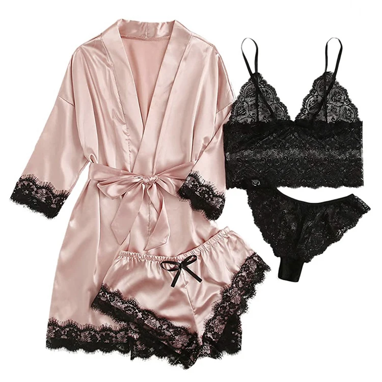 

Dropshipping silk pajama lace lingerie underwear women four piece sleepwear sets Pajamas