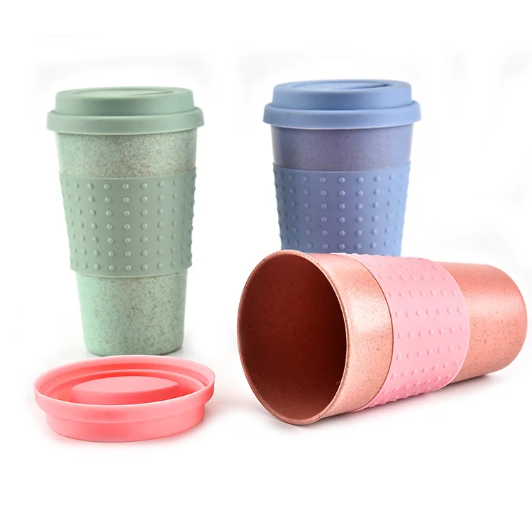 

Portable Wheat Straw PP Pink Water Cup Silicone Sleeve Reusable Hard Plastic Coffee Drinking Cups with Lids