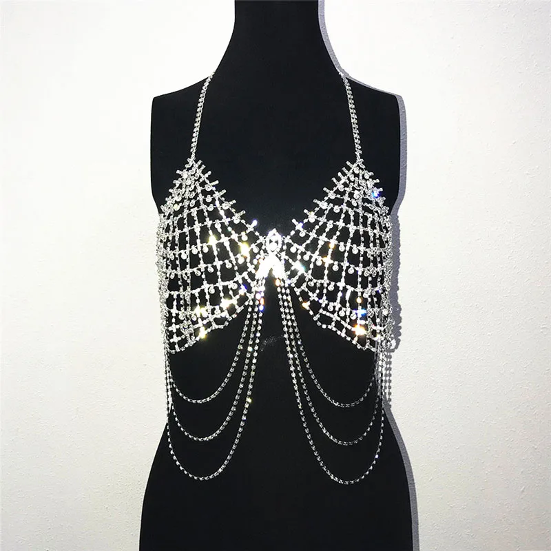 

Nightclub Body Jewelry Accessories Rhinestone Fringed Crystal Bra Chain Custom Nightclub Dress Sexy Women