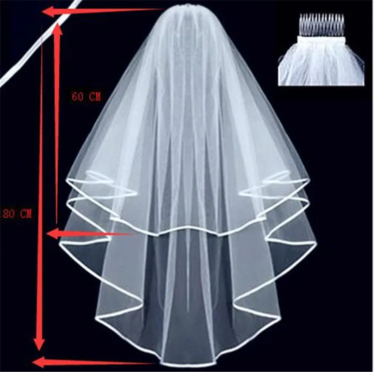 

Wholesale white double ribbon hem center cascade bridal wedding veil with comb