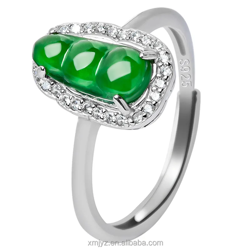 

Certified Grade A S925 Silver Inlay Natural Jade Sauteed Green Beans Yang Green Ice Jade Ring Fashion Ring Women's Adjustable