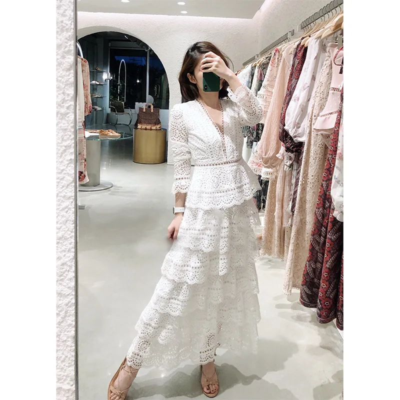 

2020 Spring New Style Fashion Women white Lace long Dress sexy V neck flare Sleeve Tiered Ruffled Sexy Party Casual dress