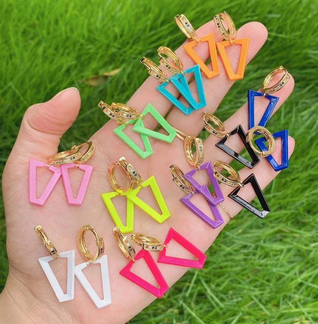 

Women Dangle Earring Geometric Triangle Painting Neon Green Fluorescent Jewelry Earing Aretes CZ Hoop Gold Silver Color