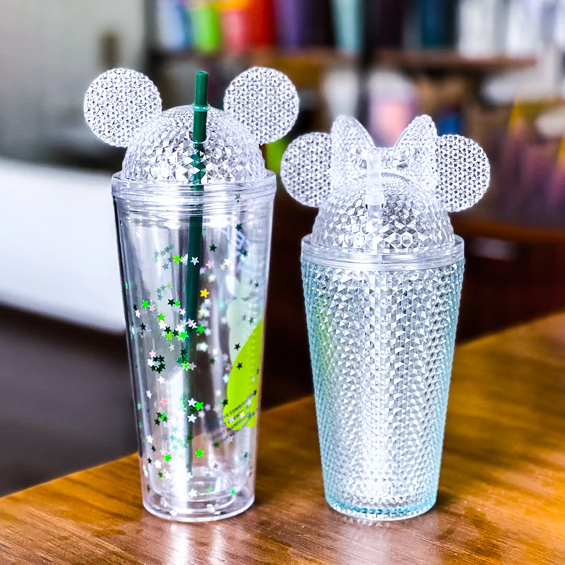 

Amazon Hot Sell Custom Double Wall Acrylic Plastic Dupes Studded Mickey Minnie Mouse Ear Shape Tumbler Cup for Party with Straw