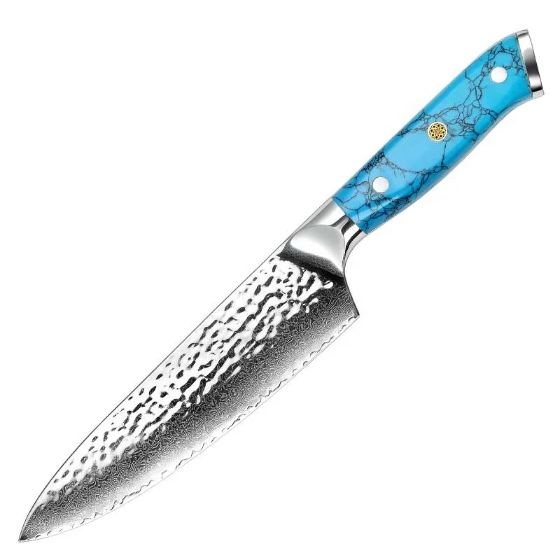 

yangjiang oem vg10 damascus steel hammer chef knife with Turquoise handle