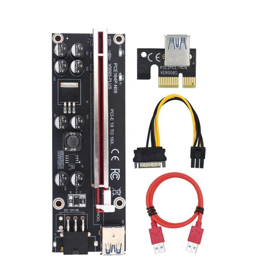 

PCI-E 1X to 16X 6PIN And Molex Graphics PCI-E Riser, 8 Capacitors 009S PLUS PCIE Riser For GPU Powered Riser Adapter Card, Black