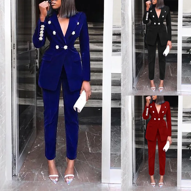 

2021 New Fall Clothing Solid V Neck Long Sleeve Casual Ladies Two Piece Pants Set Women's Suits & Tuxedo Blazer, Color