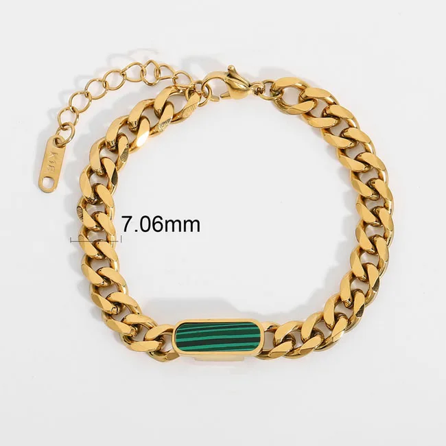 

Fashion girls gift thick flat statement jewlery cuban link chain chunky bracelet with malachite stone, Gold