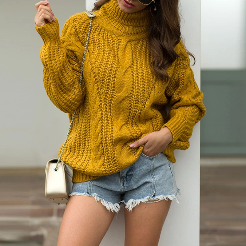 

Autumn Winter Soft Long Sleeve Turtleneck Thick Cable Women Knit Pullover Sweater Knitted clothes, White/brown/black/light blue/khaki/gold