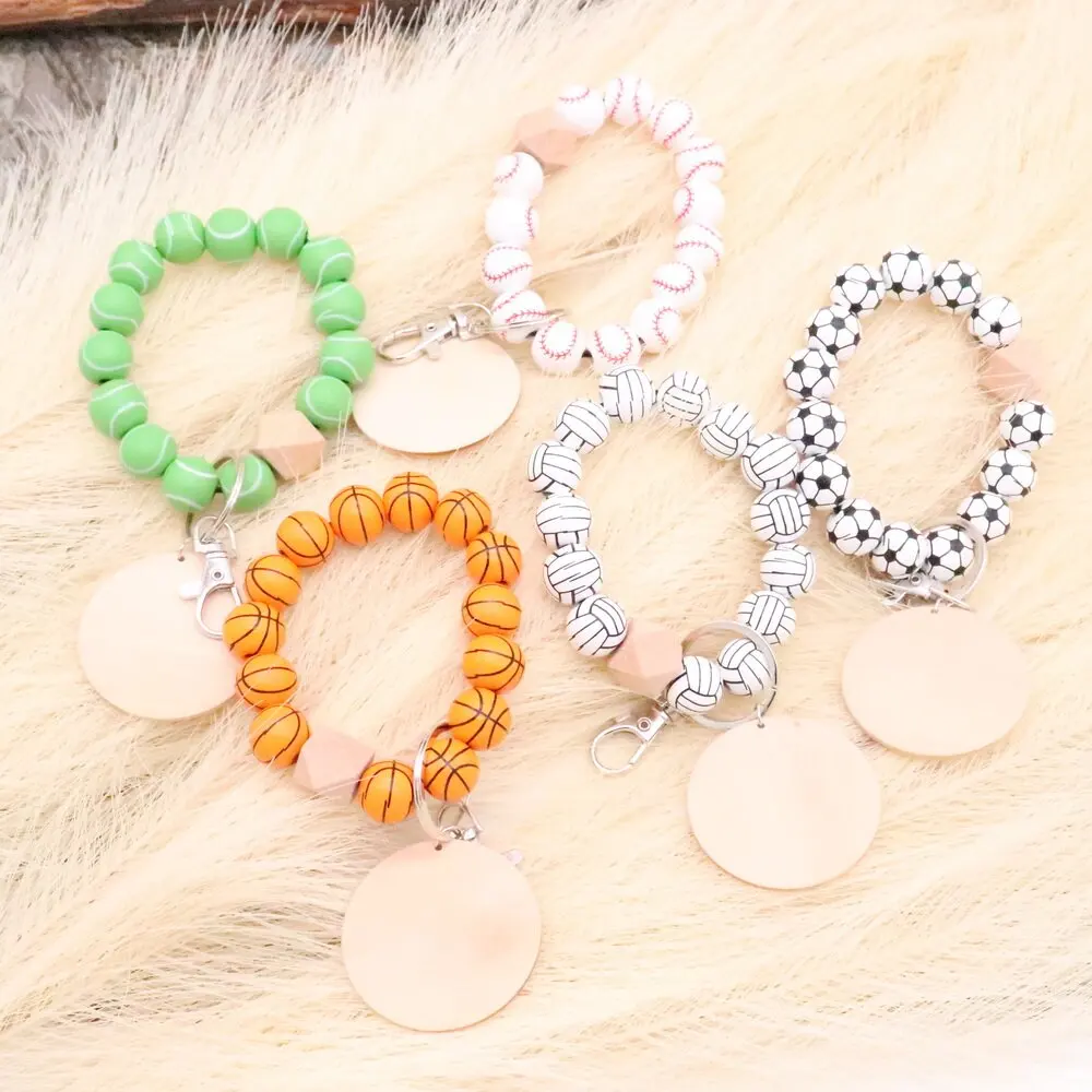 

2022 Charm Pendant Bracelet summer sports football baseball softball Bracelet key chain with wood disc for DIY, Photo shows