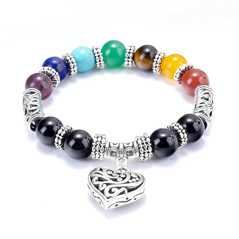 

Fashion 7 Chakra Colorful Stone Healing Bracelet Matte Agate Charm Heart Gemstone Bracelet