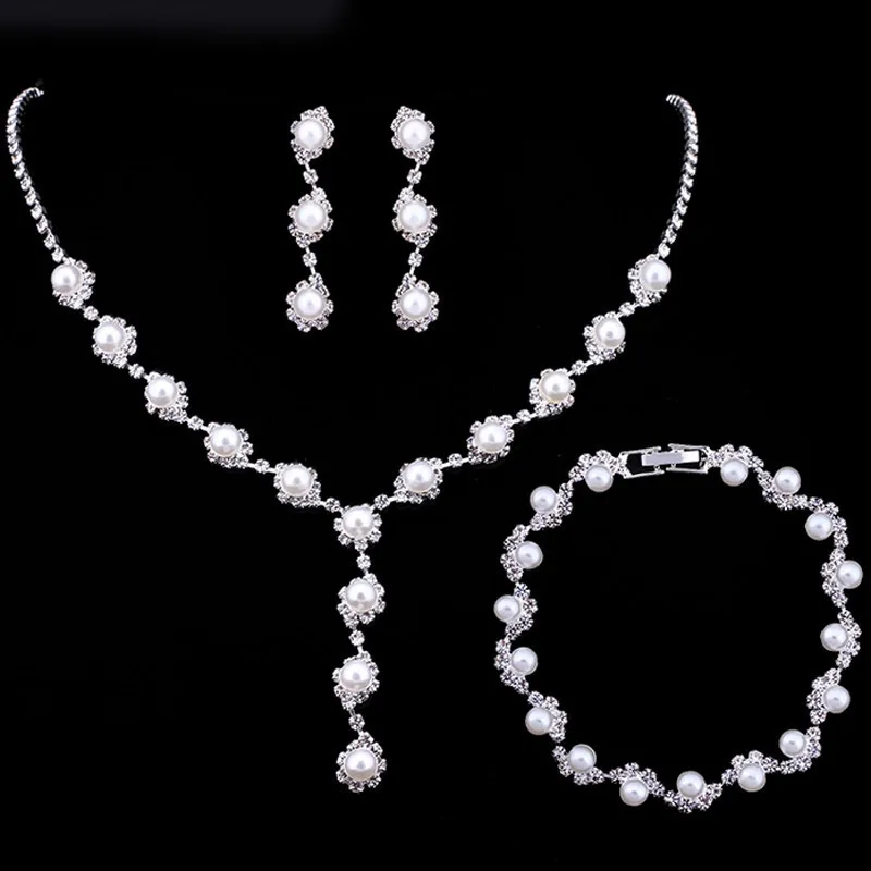 Simple Simulated Pearl Bride Wedding Jewelry Sets for Women Rhinestone Prom Necklace Earrings Bracelets Set – купить по цене $4.11 в alibaba.com | imall.com