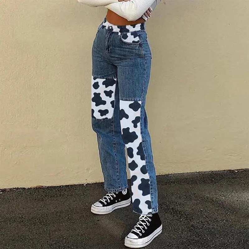 

Fall Latest Streetwear Cow Printing Straight Denim Patchwork Jeans For Women High Waist, 1colors in stock