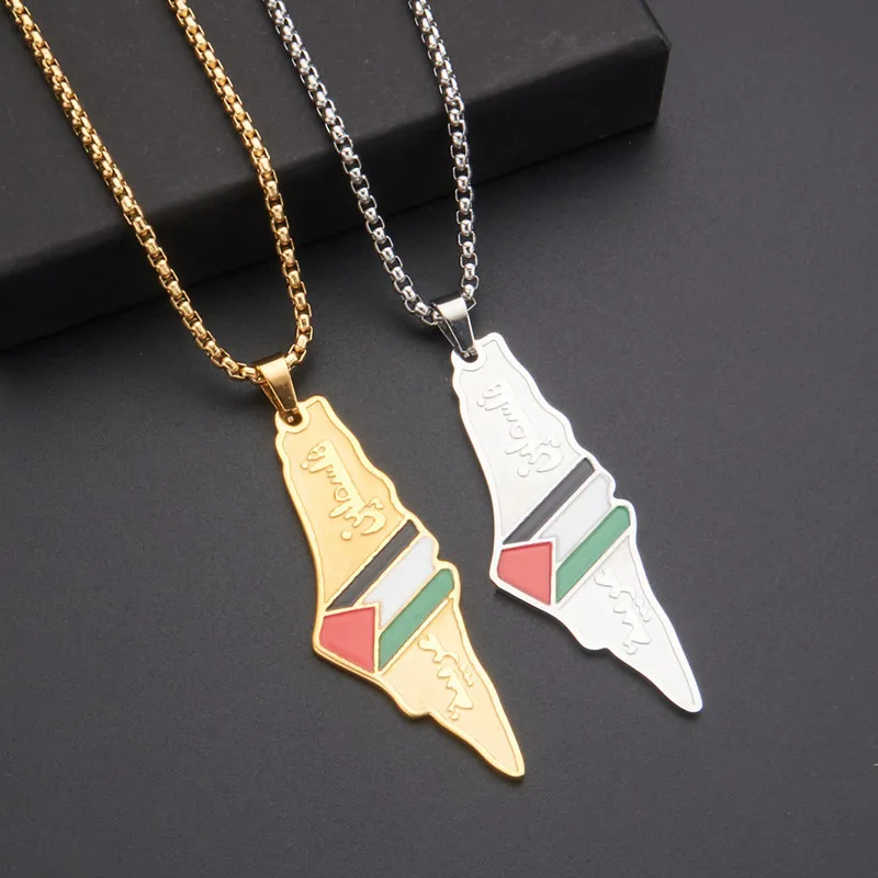 18K Gold Plated Palestine Flag Pendant Necklace with Stainless Steel Link Chain Factory Enameled Palestinian Necklace