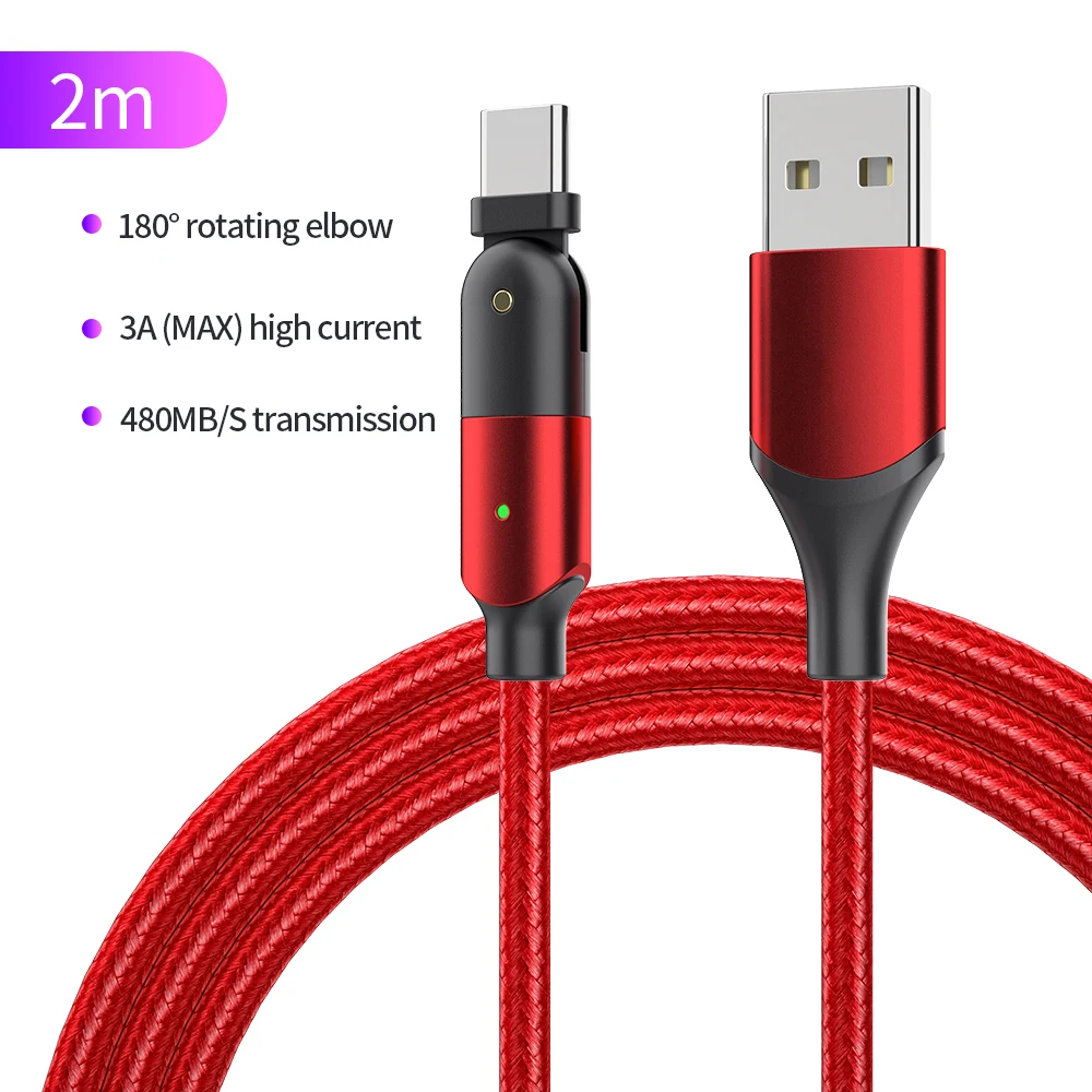 

High Quality C06 180 Degree Rotating Elbow Phone Cable 3A Fast Charing Data Cable dapter USB C Charging Cable for phones, Red/black