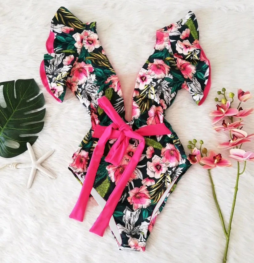 

Cross-border one-piece bikini 2021 new swimsuit women's ruffled straps triangle