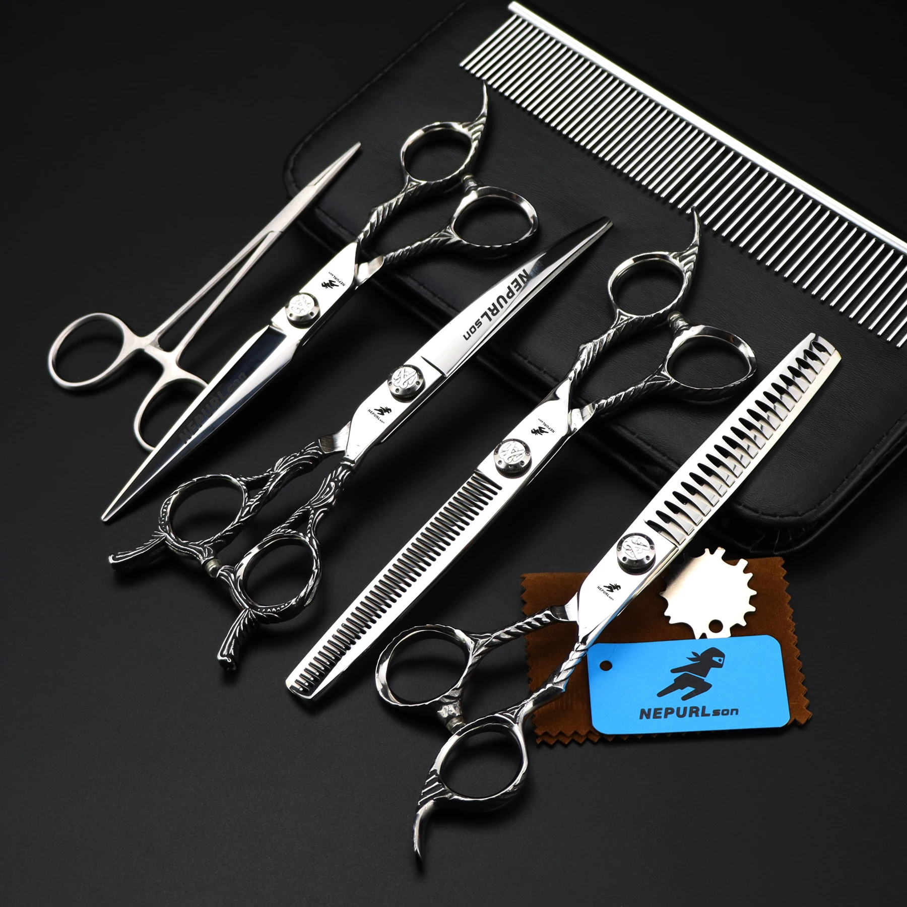 

7 inch sliver NEPURLson 4 scissors pet sets Shaped Scissors Pet Grooming dense teeth scissors set