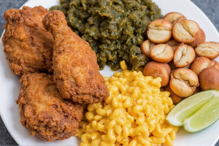 Pepper Joe's signature fried chicken and sides including collard greens and macaroni cheese
