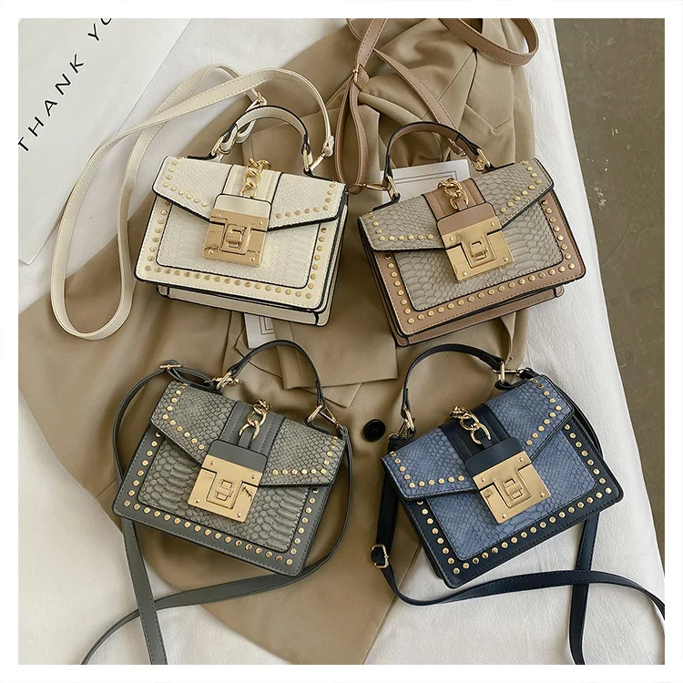 

Wholesale custom hot selling luxury snakeskin leather crossbody bags women handbags shoudler purses with rivet, 4colors