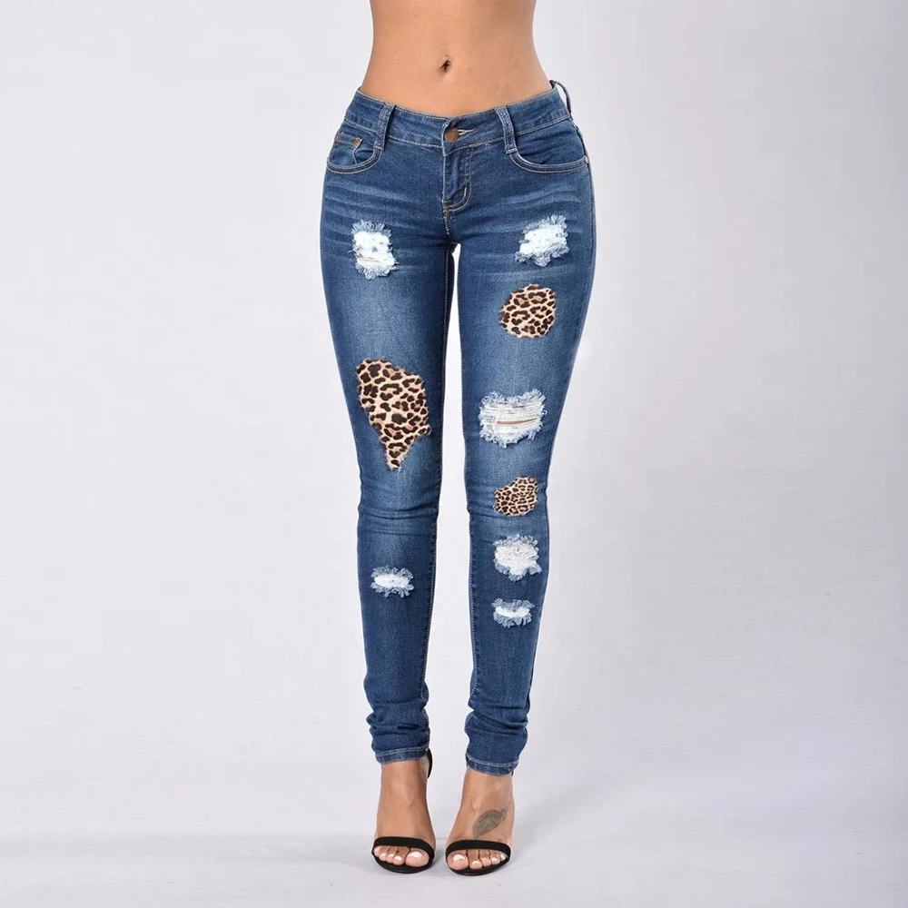 

New Women's Jeans Women's Ripped Stitching Leopard Print Skinny Jeans, Dark blue